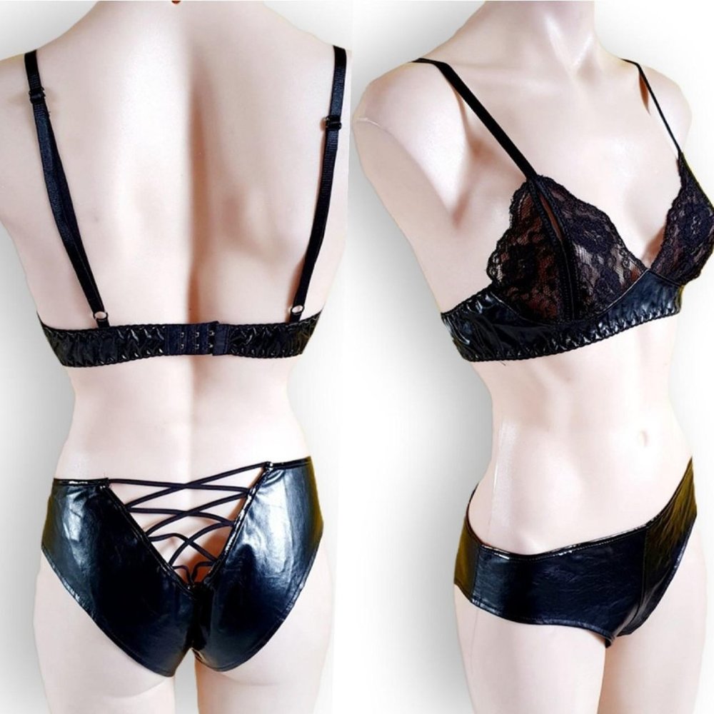 Black stretch lace + PVC two piece lingerie bra /bralette + underwear set OS - Picture 1 of 5
